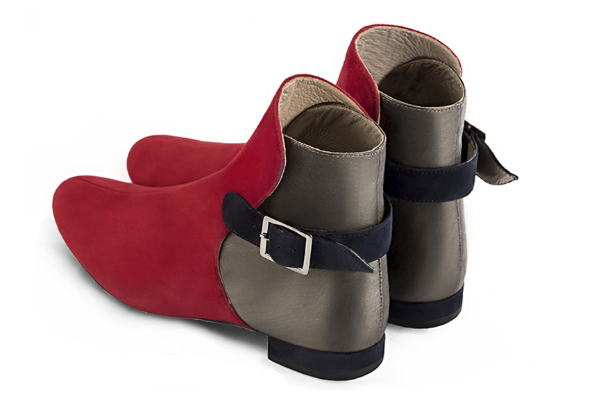 Cardinal red, taupe brown and navy blue women's ankle boots with buckles at the back. Round toe. Flat block heels. Rear view - Florence KOOIJMAN
